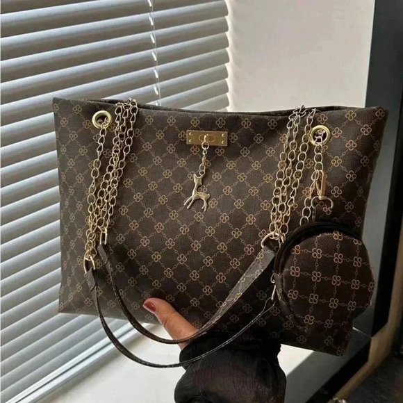 Handbags - ⚠️Clearance Large Brown Patterned Shoulder Tote Bag Gold Pendant